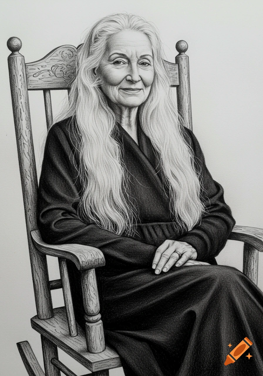 Realistic pencil sketch of an older woman with long gray hair, wearing a black dress, sitting in a wooden rocking chair.