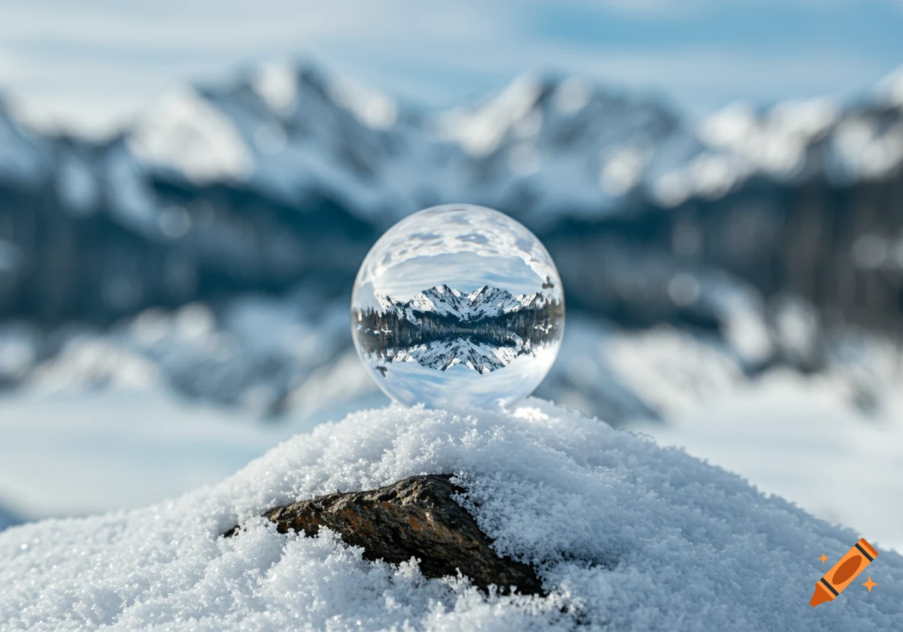 A crystal sphere reflecting an inverted snowy mountain range, resting on a snow-covered rock with blurry mountains in the background. Photorealistic style.