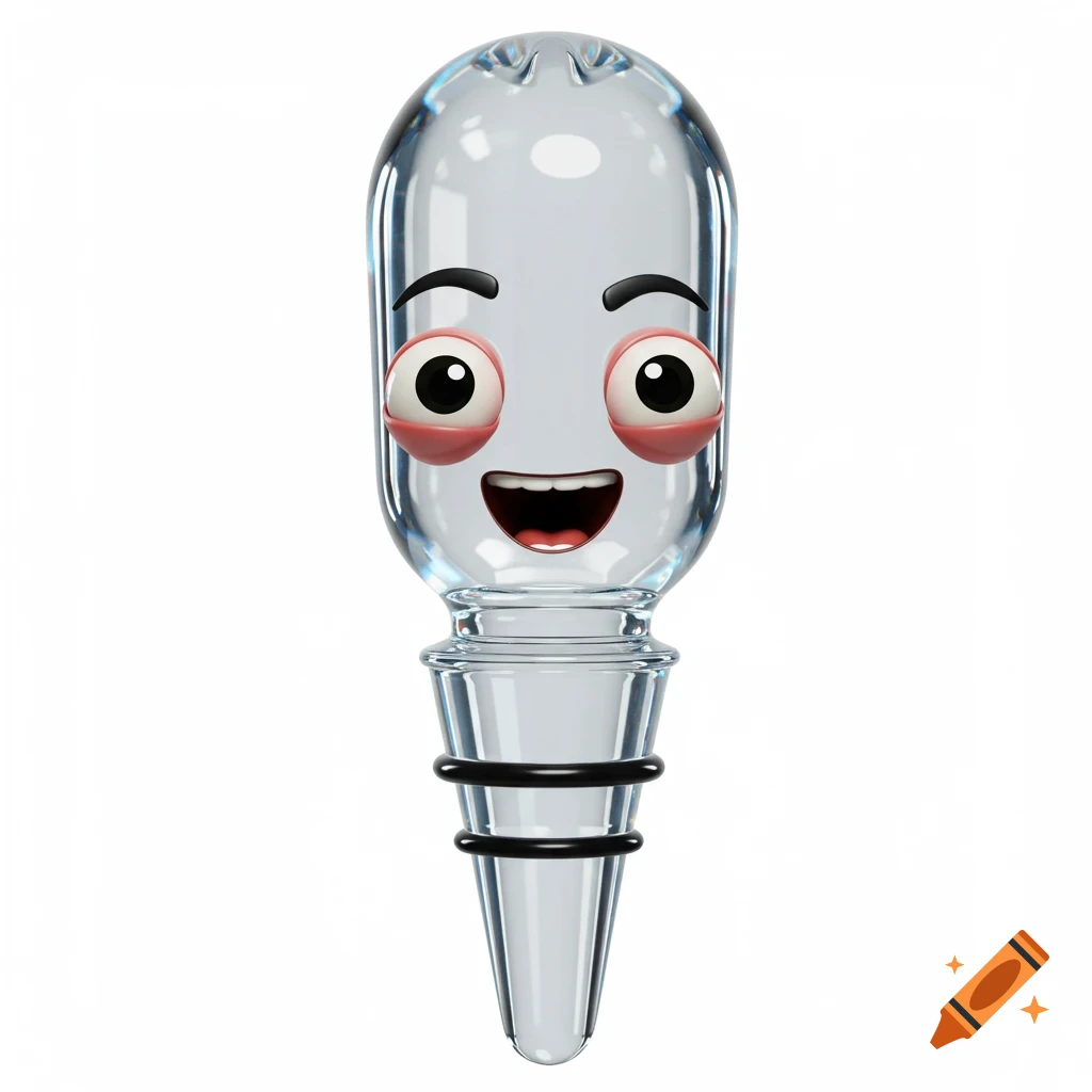 A clear glass bottle stopper with a happy, cartoon face featuring big eyes, a wide smile, and raised eyebrows.