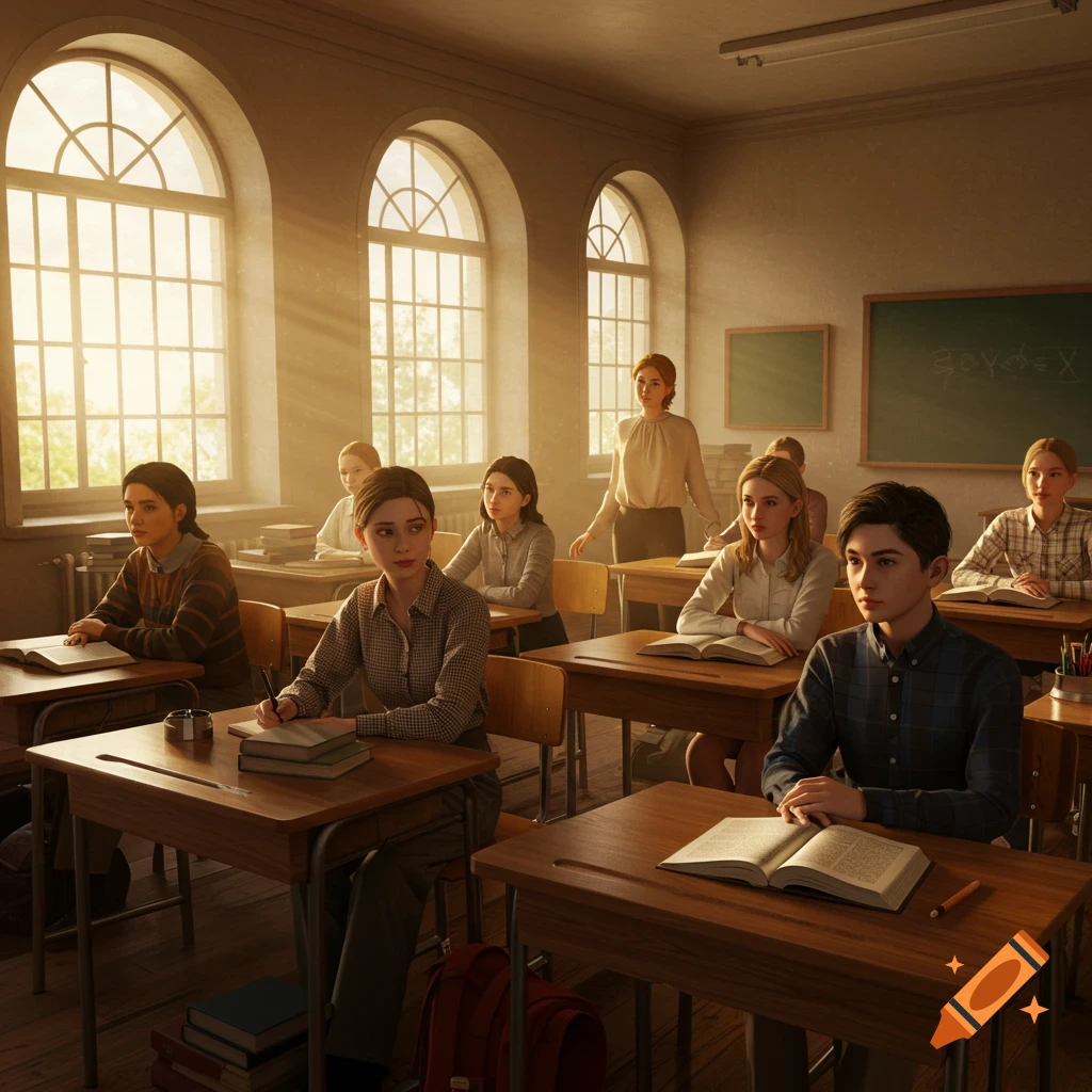 Photorealistic image of students seated at desks in a sunlit classroom, with a teacher standing near the blackboard.