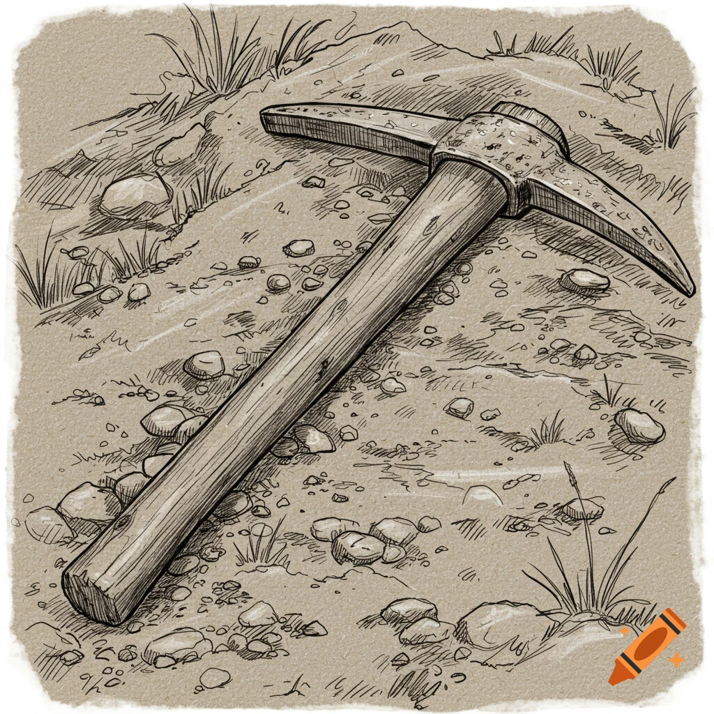 A sketch illustration of a pickaxe lying on a dirt and gravel ground with sparse grass, drawn in a sepia tone.
