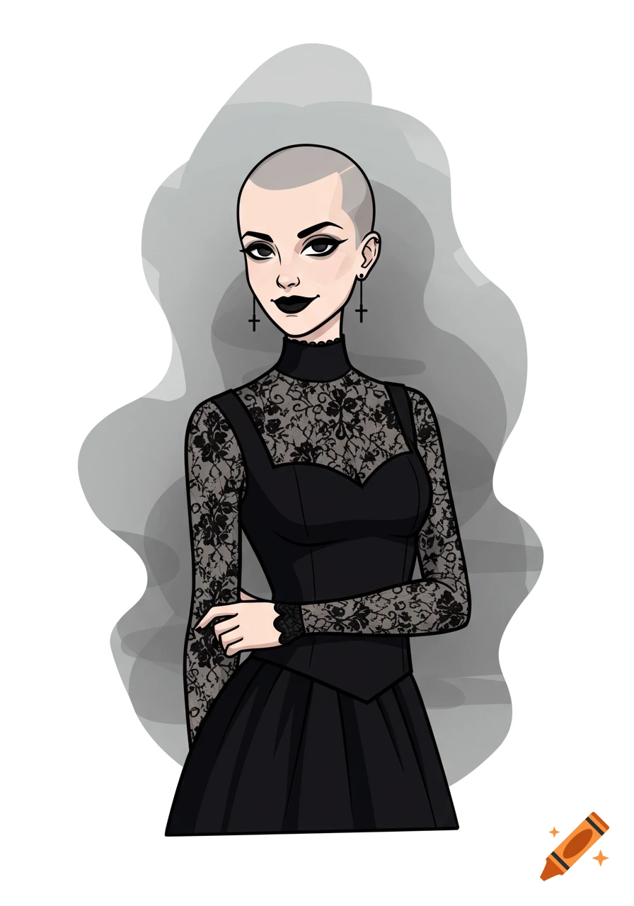Cartoon illustration of a bald woman in a black gothic lace dress, with black lipstick and cross earrings.