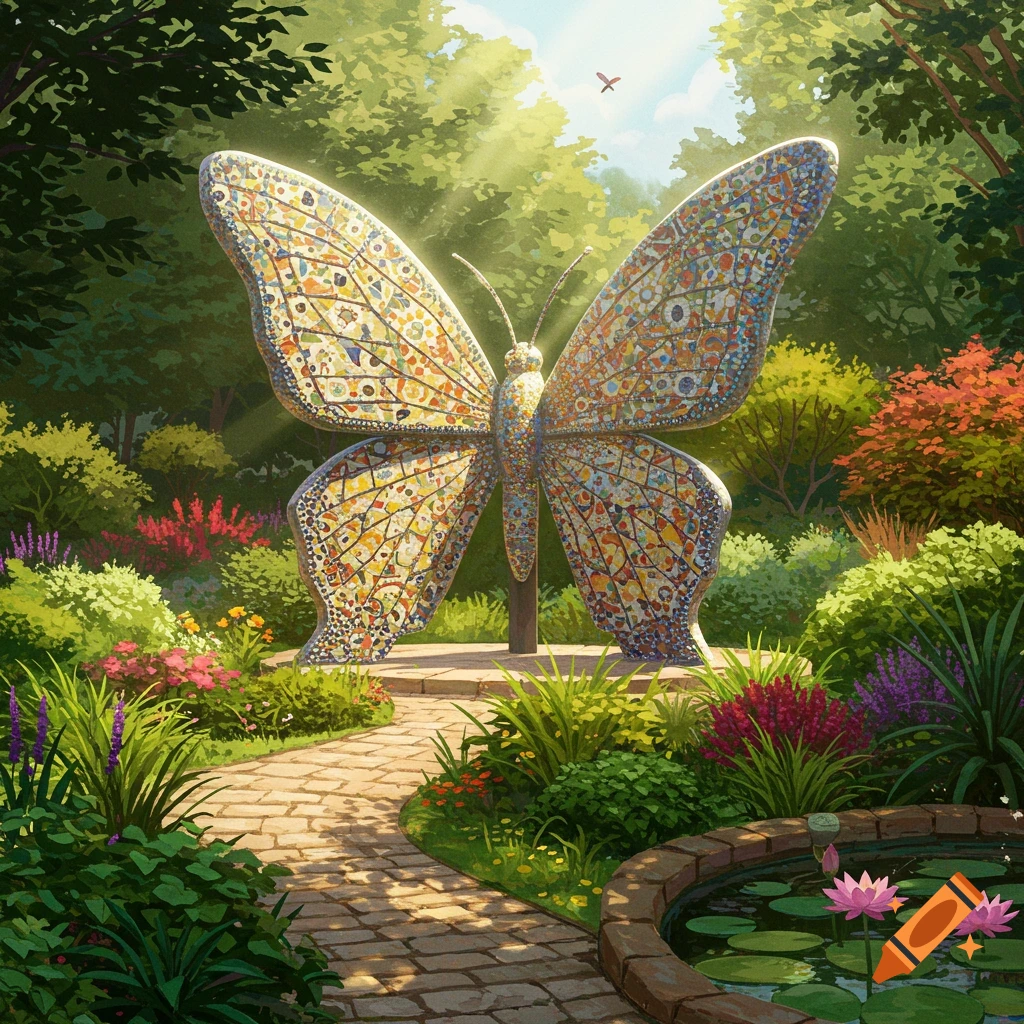 A sunny garden features a large, colorful mosaic butterfly sculpture, a winding brick path, and a lily pond with pink flowers.