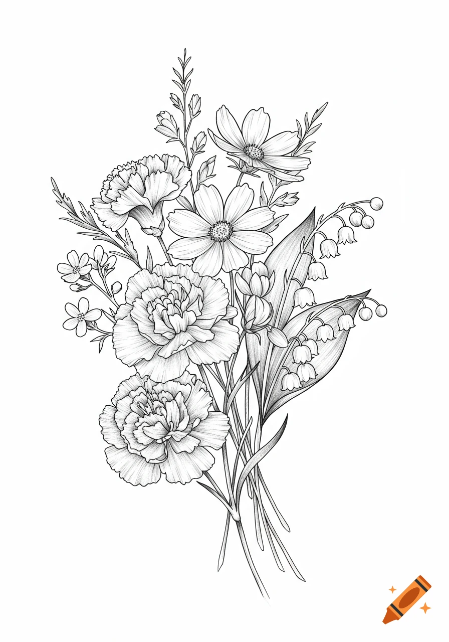 Detailed black and white line drawing of a floral bouquet with carnations, cosmos, and lily of the valley, styled for a tattoo.
