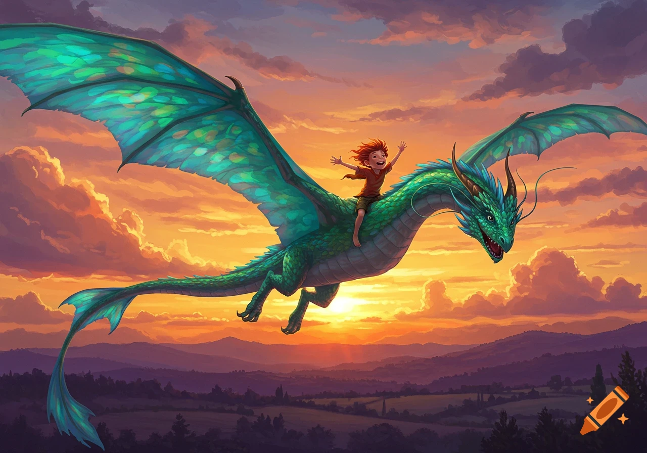 A red-headed boy joyfully rides a large green and blue dragon against a vibrant sunset sky and mountain landscape. Illustration.