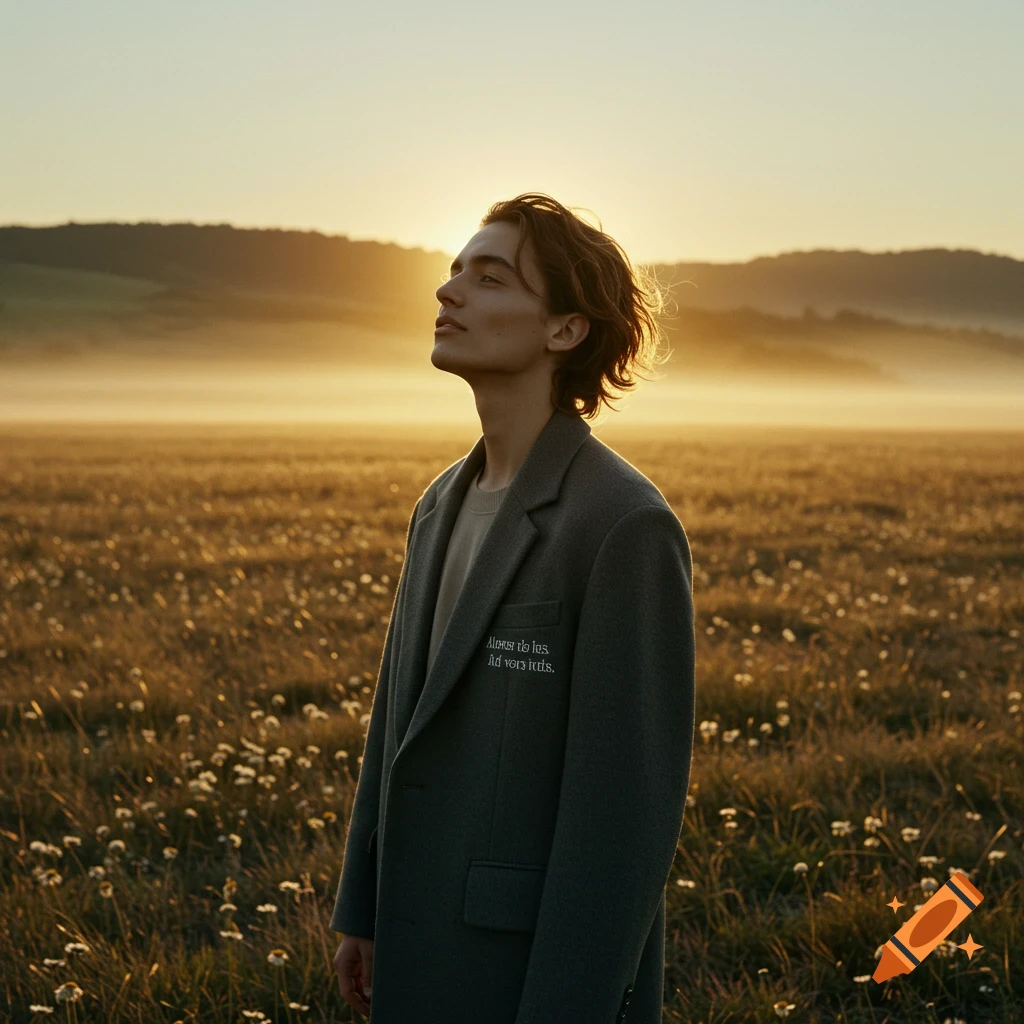 Young person in a gray coat stands in a golden field at sunset, looking up. Photorealistic.