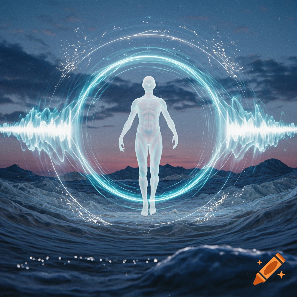 Translucent human figure levitating above a stormy sea, surrounded by glowing blue energy rings and sound waves at sunset, digital art.