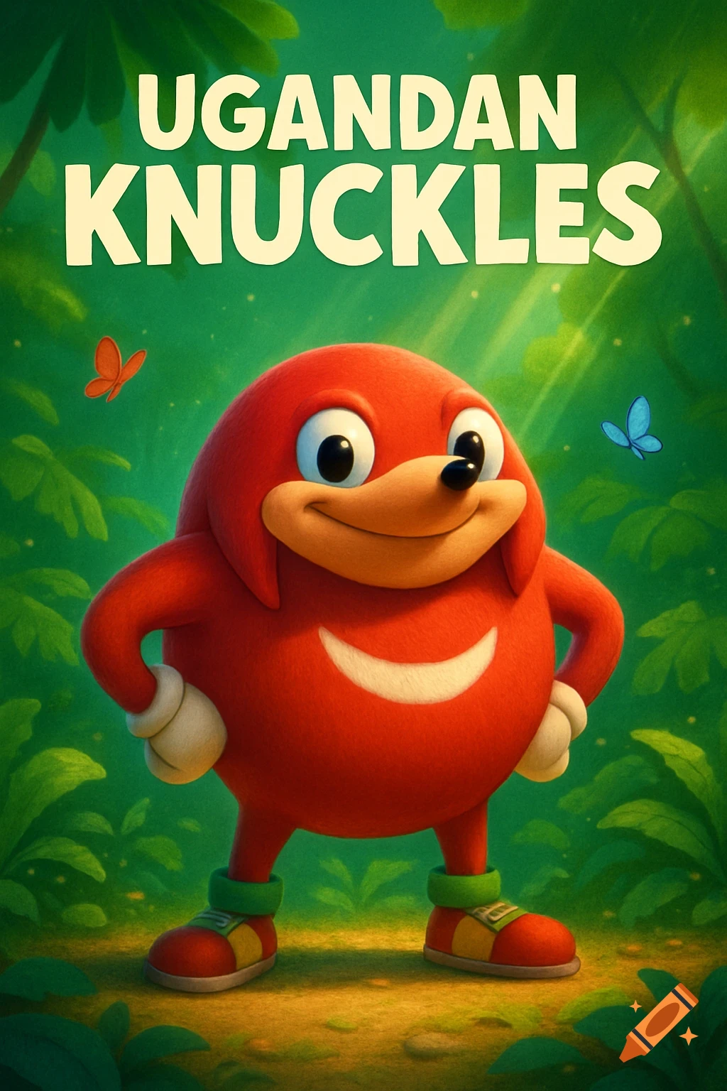 Cartoon red Ugandan Knuckles character smiles in a lush green jungle, with butterflies and text 'UGANDAN KNUCKLES' in Pixar poster style.