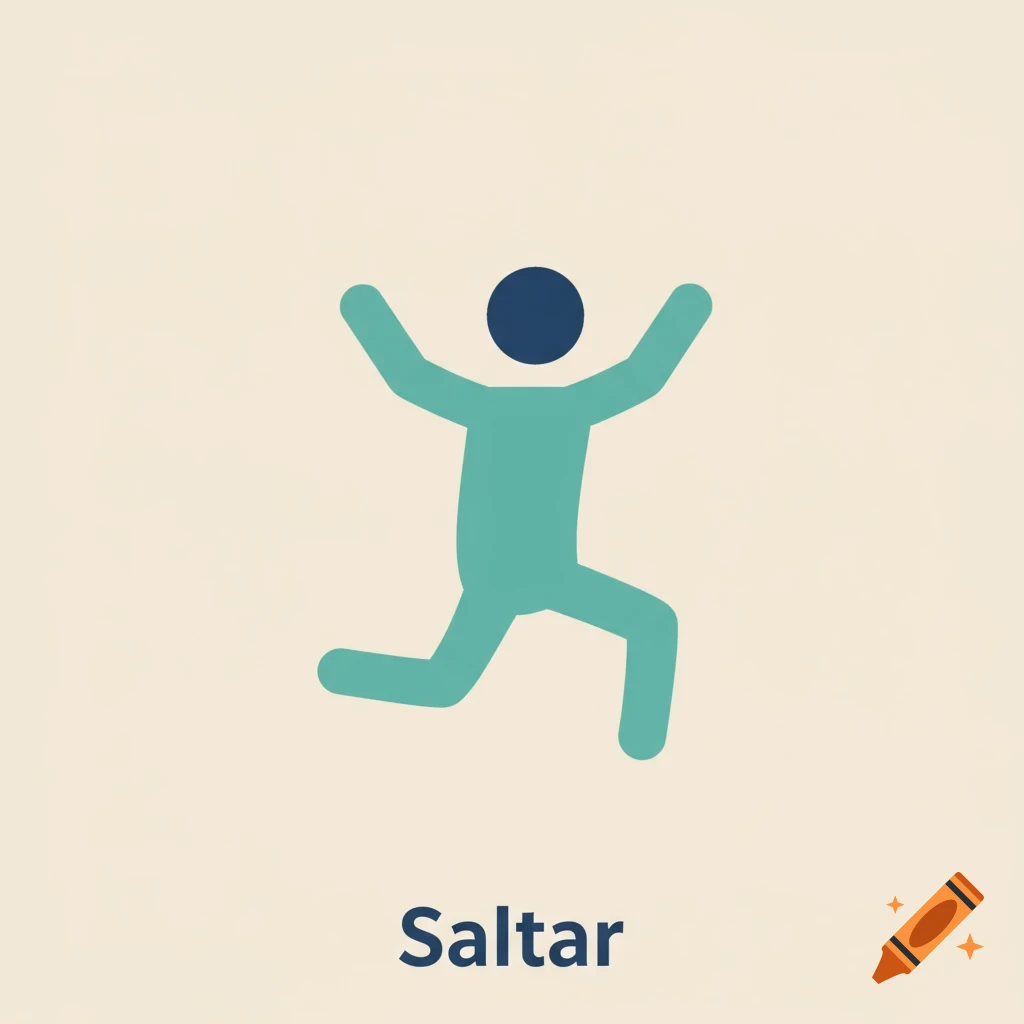 A simple blue-green pictogram of a person jumping, with the word 'Saltar' below it, on a light background.