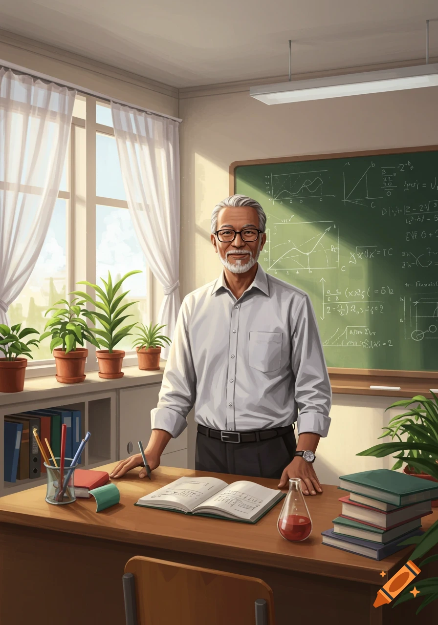 Smiling elderly male teacher with glasses and beard stands in a classroom by a desk with an open book, blackboard behind him.