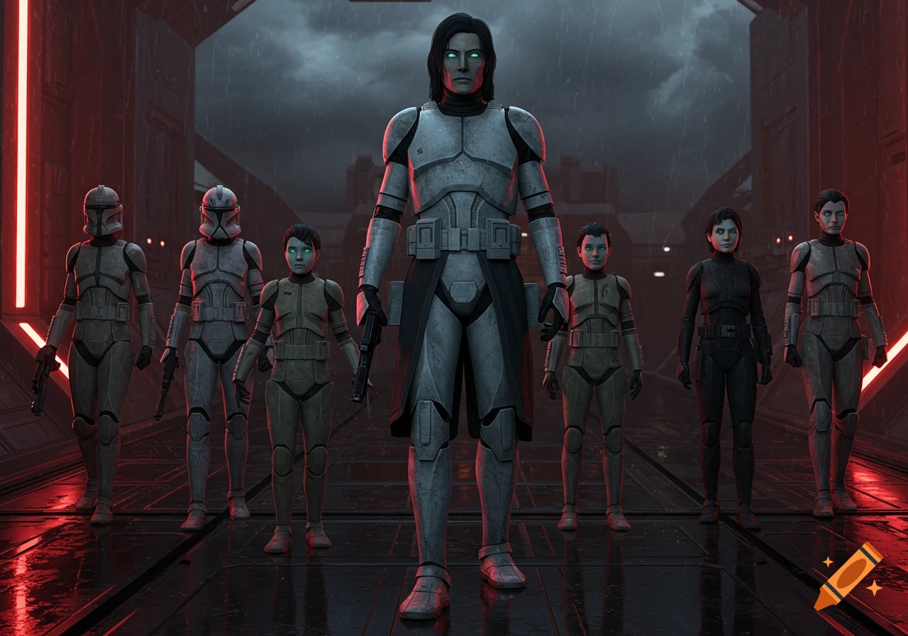 CGI image of a male clone in white armor leading female clones and cadets on a rainy, futuristic platform with red lights.