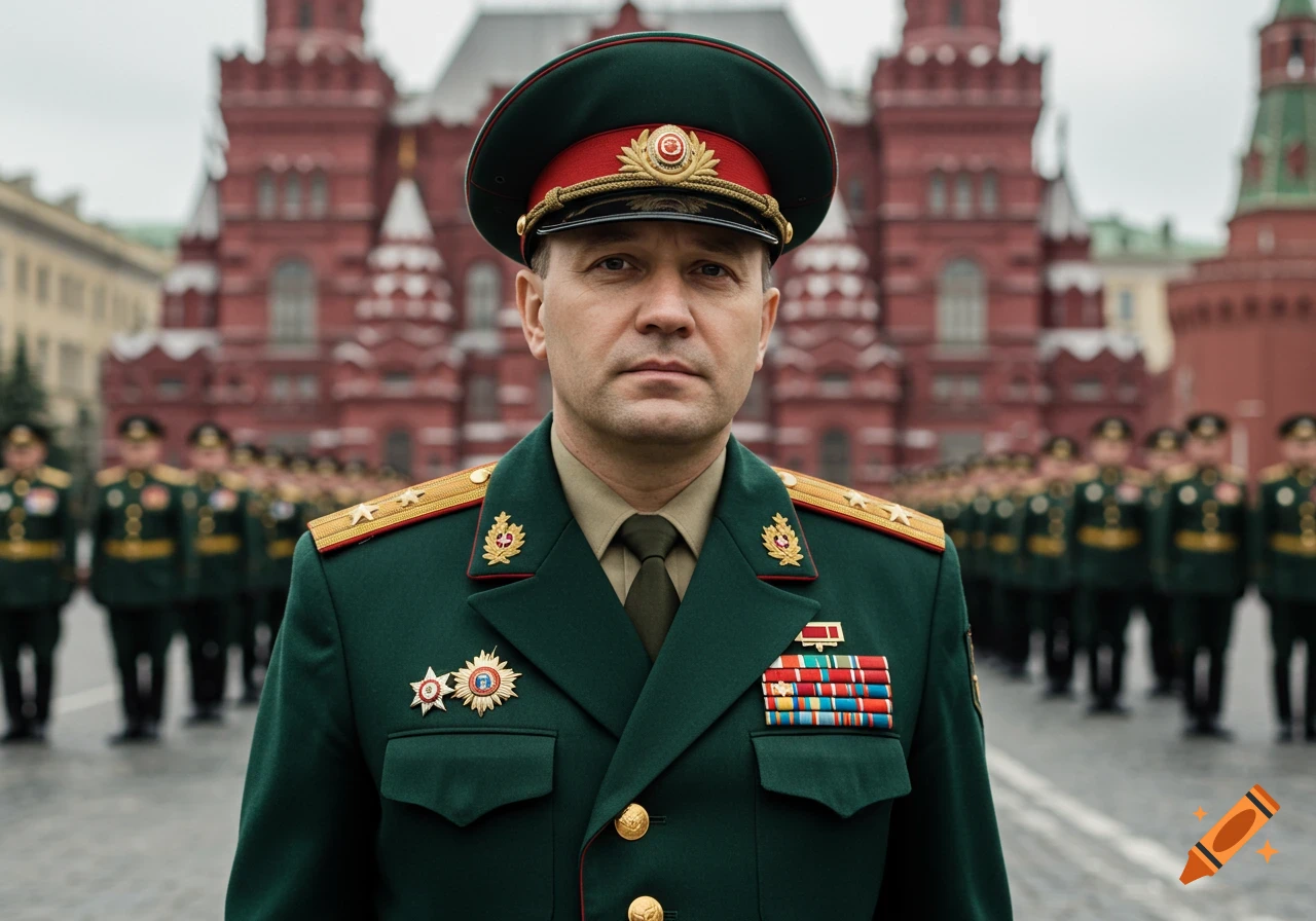 A serious Russian military officer in a green uniform with medals stands in front of a blurred red building and other soldiers.