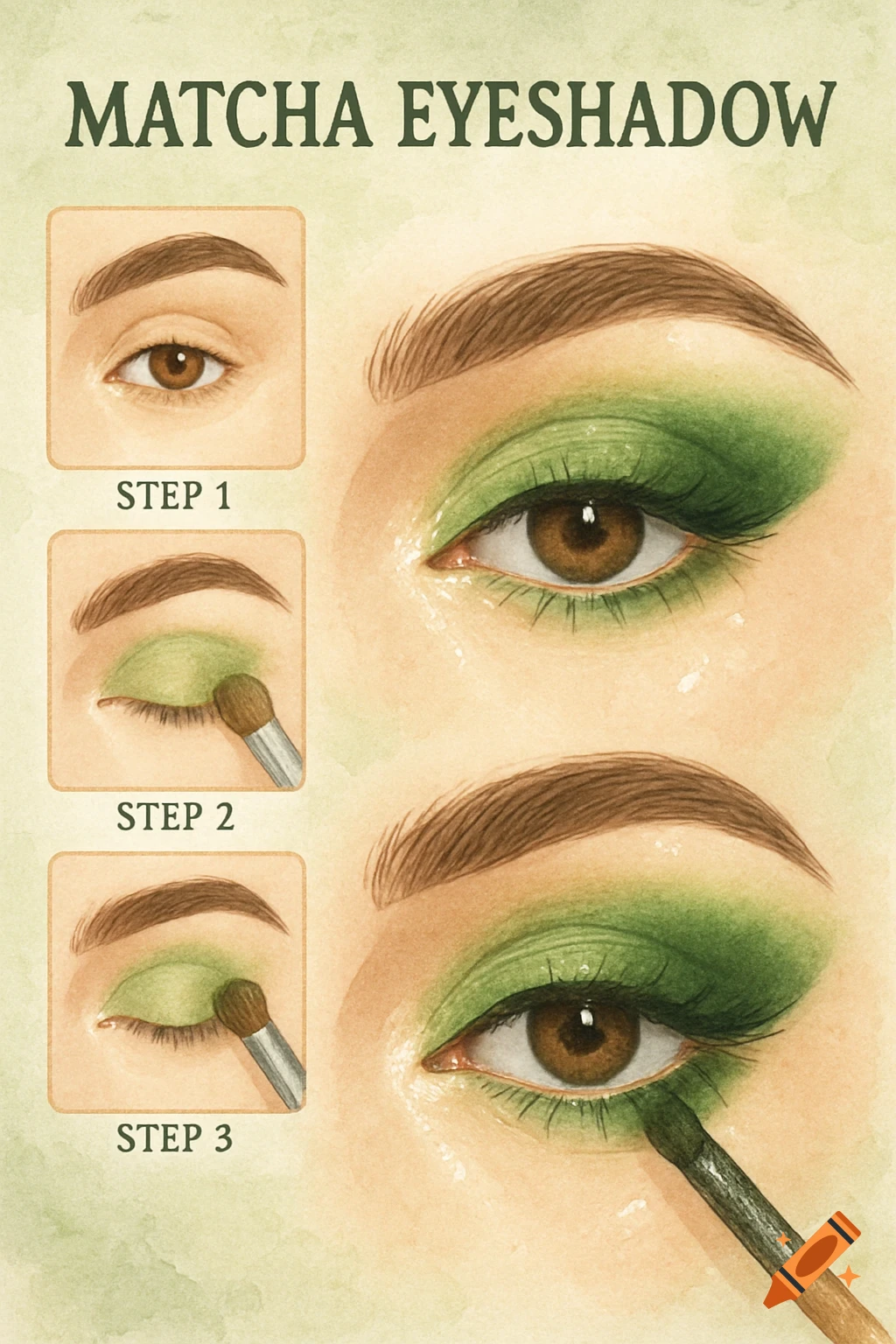 A step-by-step watercolor illustration of applying matcha green eyeshadow, with three steps showing an eye and a brush.