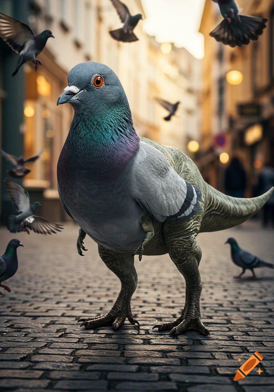 A photorealistic pigeon-dinosaur hybrid stands on a cobblestone city street with other pigeons in the background.