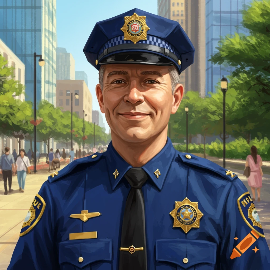 A smiling policeman in a blue uniform and hat stands on a city street.