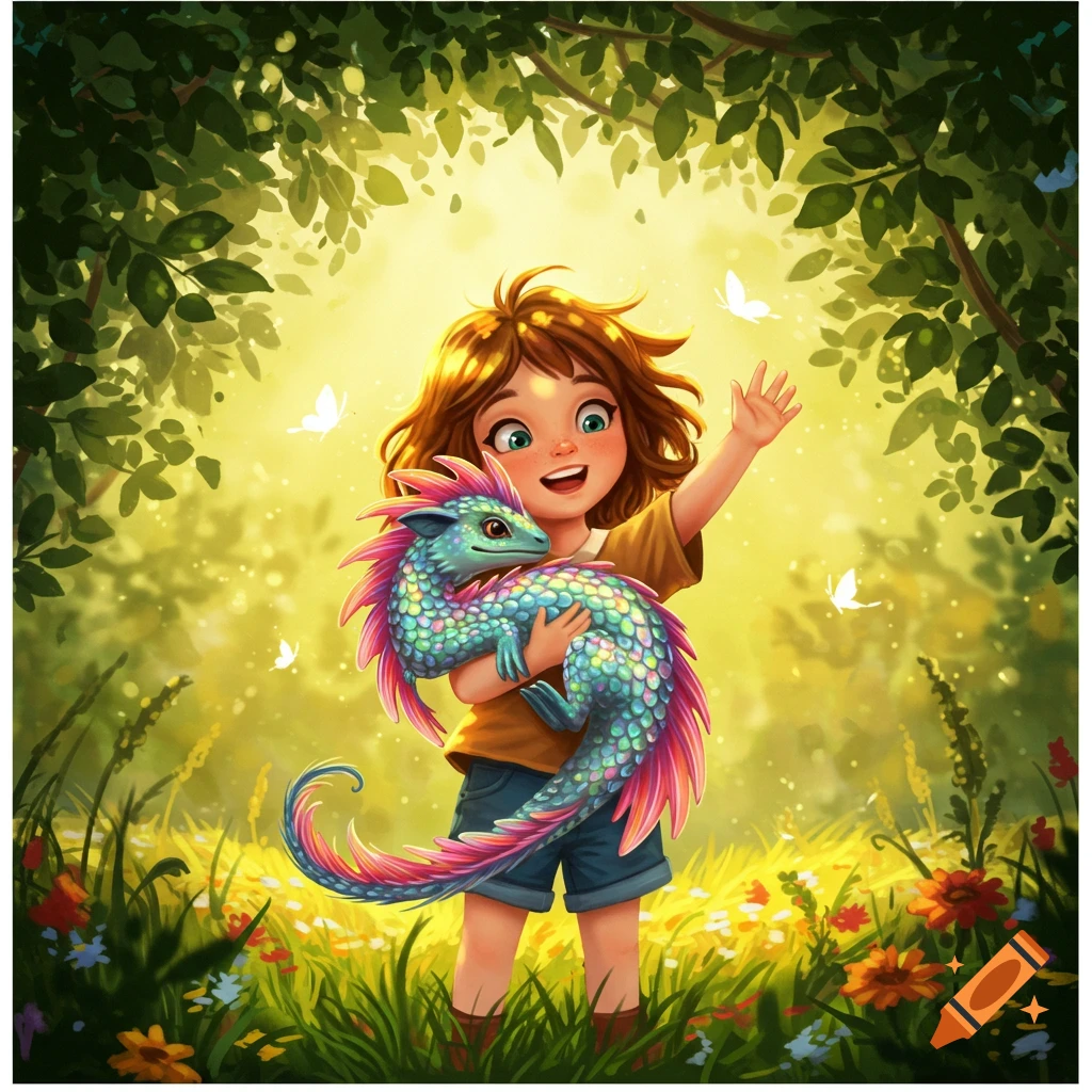 Cartoon girl holding a colorful dragon in a vibrant sunlit forest clearing with butterflies.