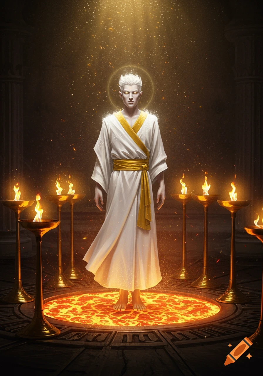 A divine figure with white hair and glowing eyes in a white robe with a golden sash stands on a fiery circular platform, surrounded by golden lampstands in a dark temple.