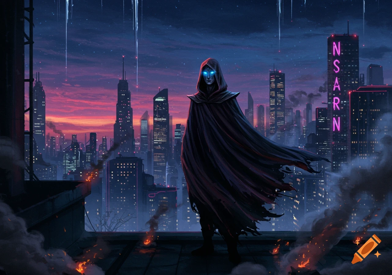 A mysterious hooded figure with glowing blue eyes stands on a rooftop overlooking a neon-lit cyberpunk city at dusk.