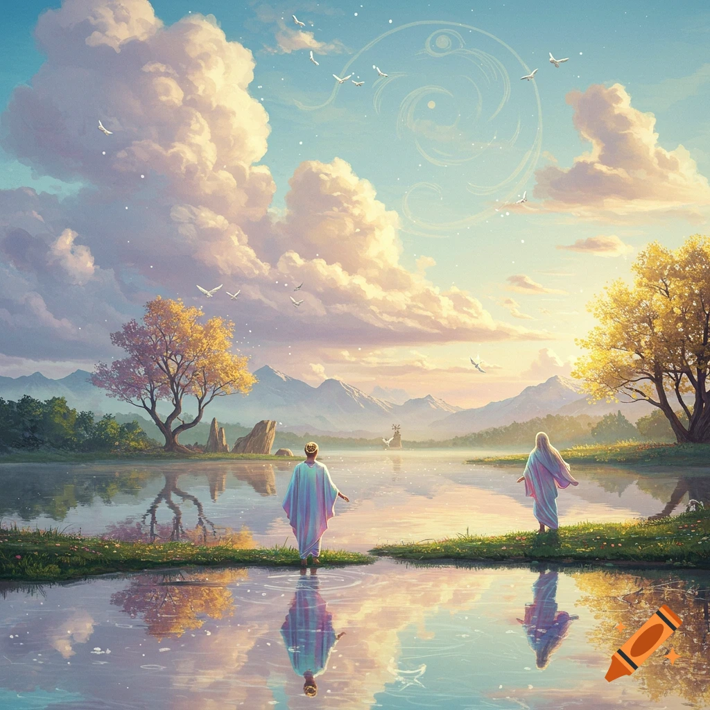 Two robed figures stand on grassy islets in a calm lake reflecting a vibrant sky with large clouds, golden trees, and distant mountains.