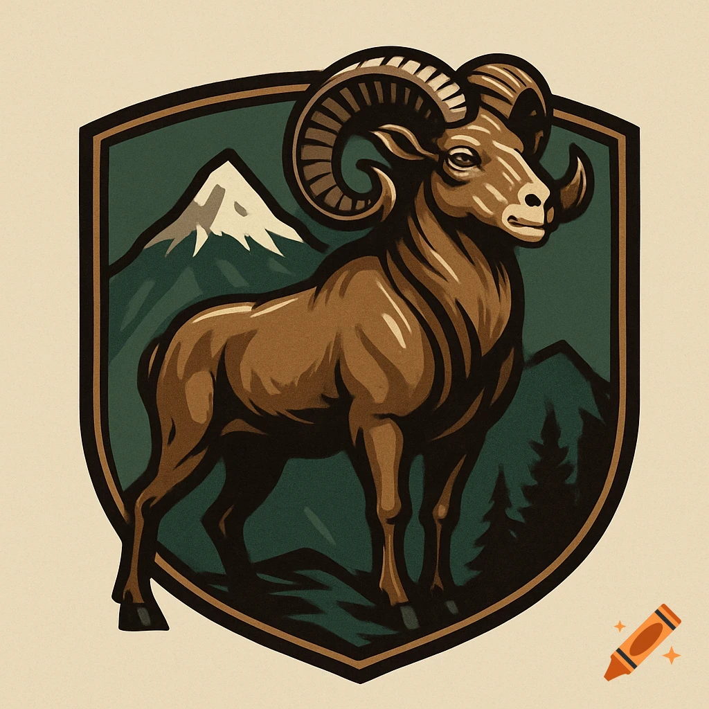 Stylized illustration of a bighorn sheep in a shield emblem with mountains and pine trees in the background.