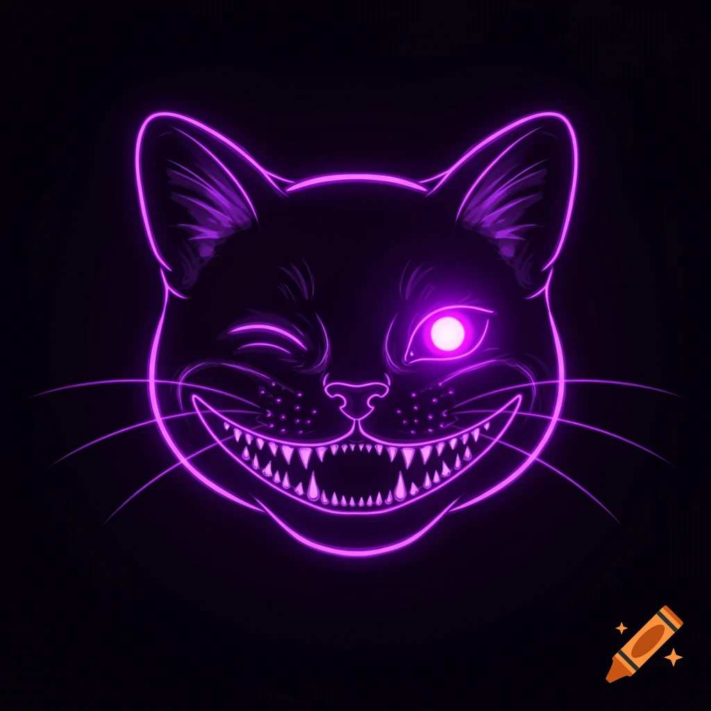 A stylized purple neon outline of a winking cat head with sharp triangular teeth grinning on a black background.