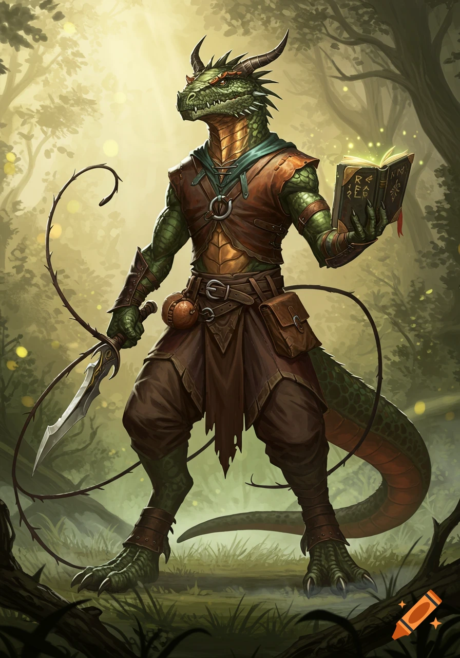 A green-scaled Nagaji in leather armor stands in a sunlit forest, holding a glowing magical book and a bladed whip. Digital painting.
