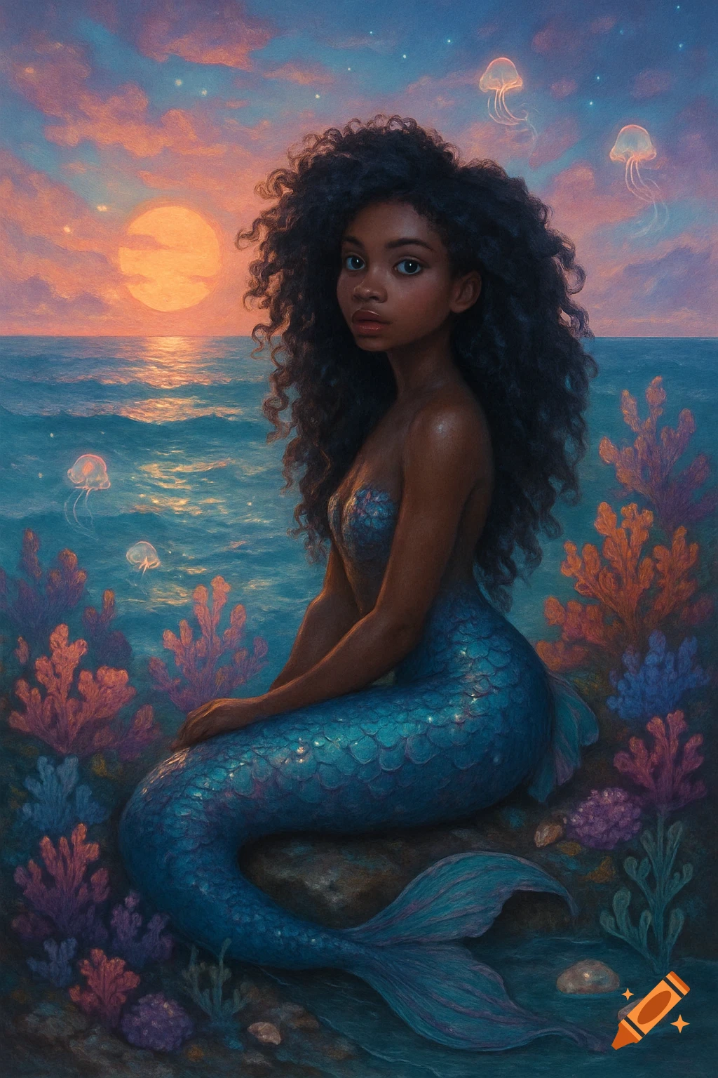 A dark-skinned mermaid with dark, curly hair and a blue-green scaled tail sits on a rock by the ocean at sunset, with jellyfish and coral.