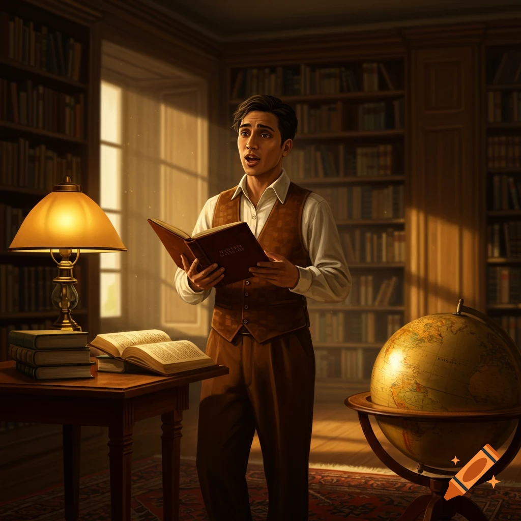 A man in a vest reads aloud from a book in a sunlit, wood-paneled library with bookshelves, a lamp, and a globe.