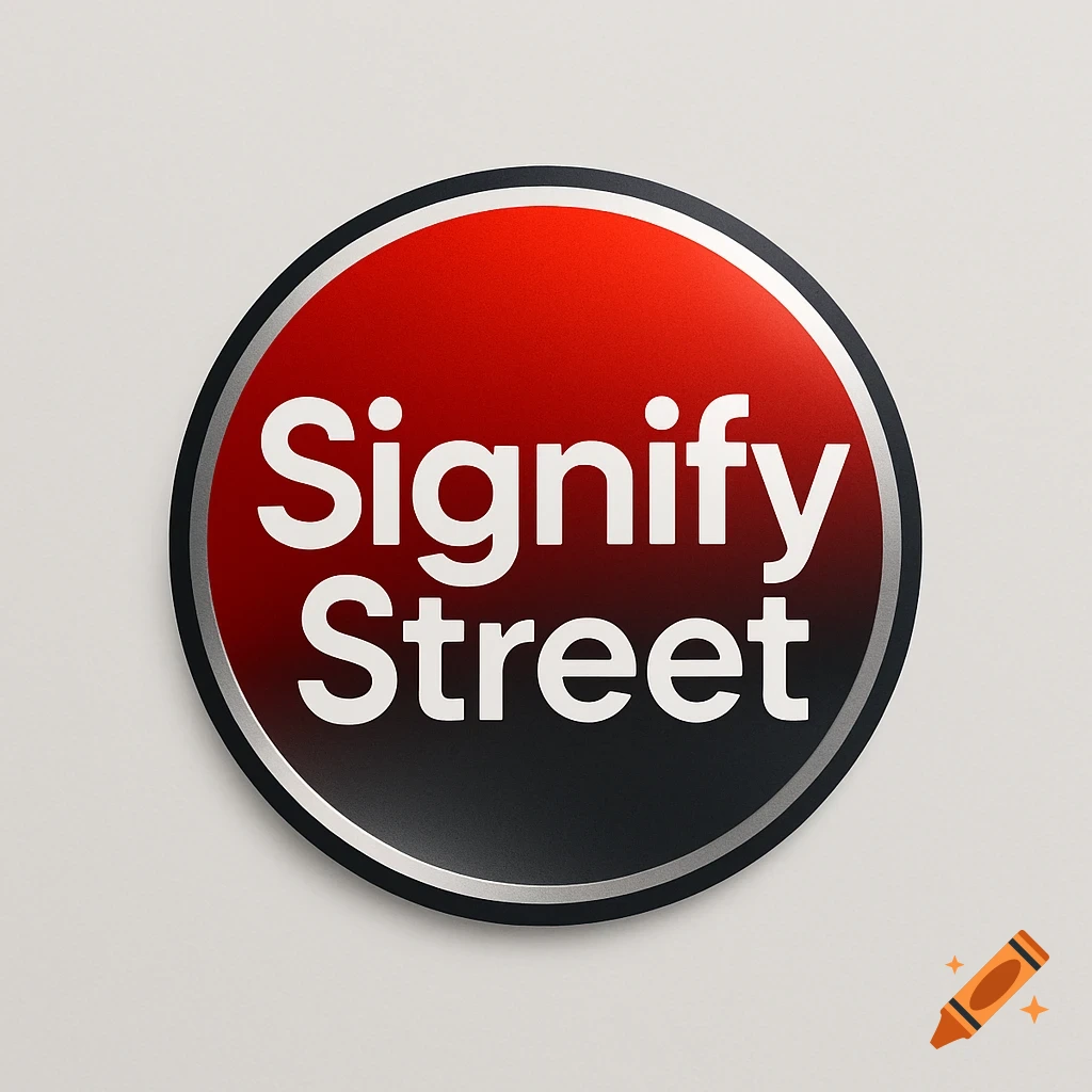 A circular logo with a red and black gradient background, silver border, and white text 'Signify Street' in the center.