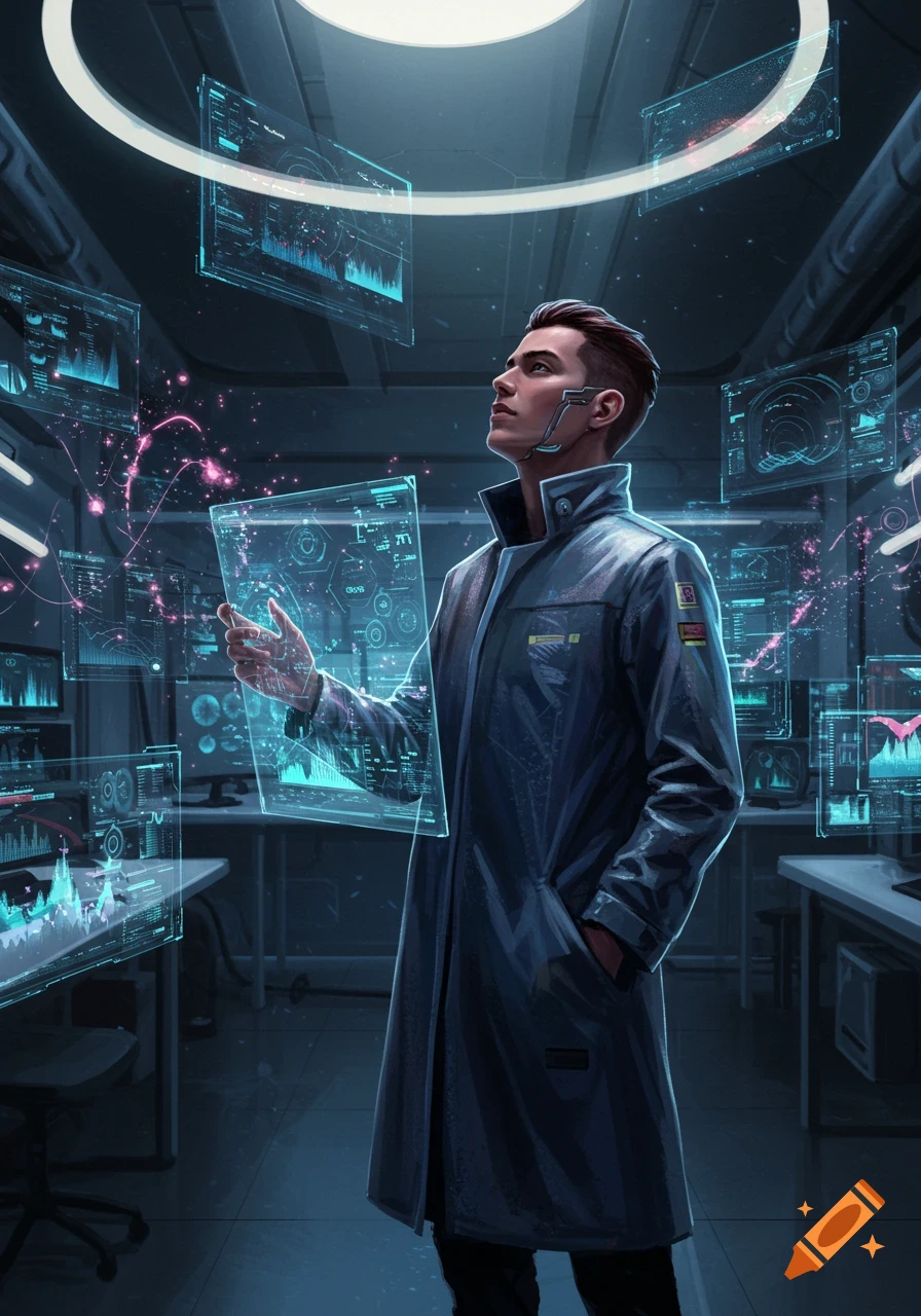 A man in a futuristic lab coat interacts with glowing holographic screens displaying data and graphs in a dark, high-tech control room.