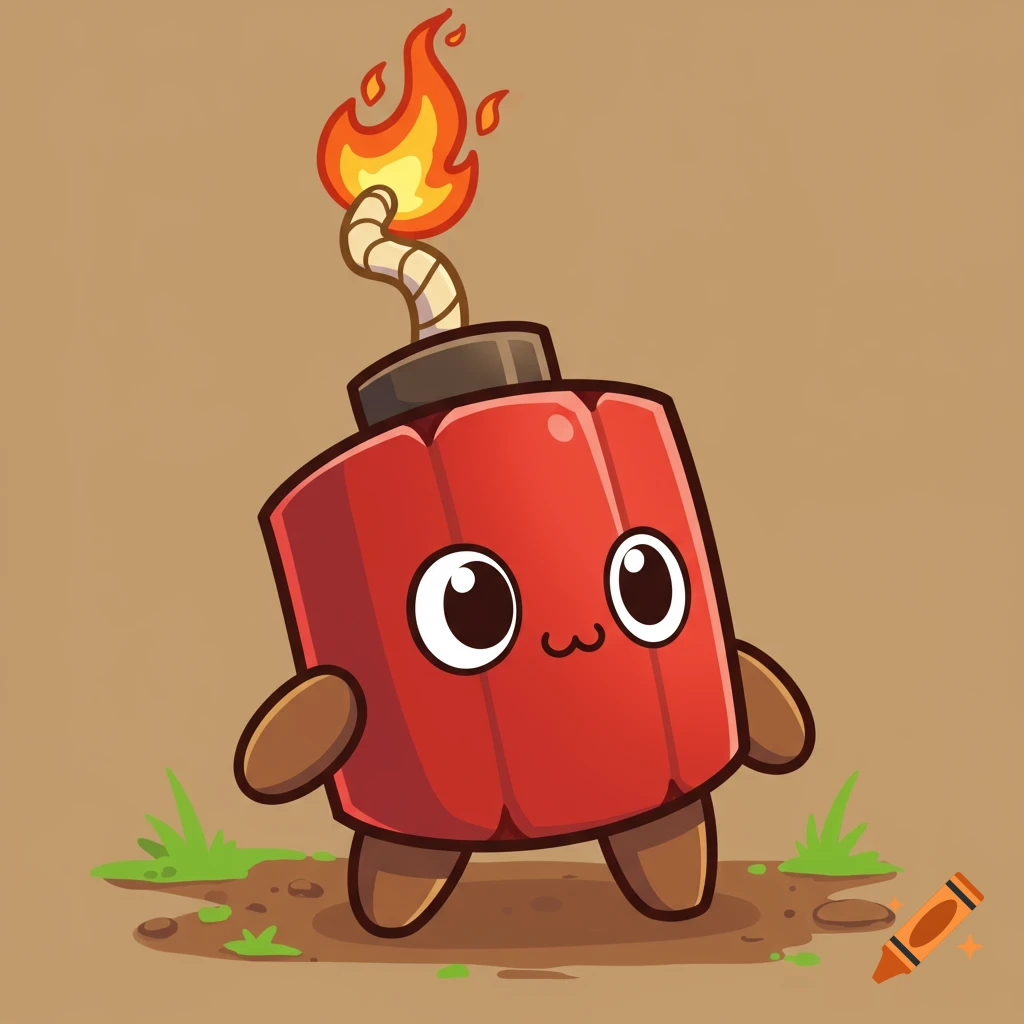 A cute, stylized cartoon dynamite character with big eyes, a small mouth, a lit fuse, and tiny arms and legs, standing on grass.