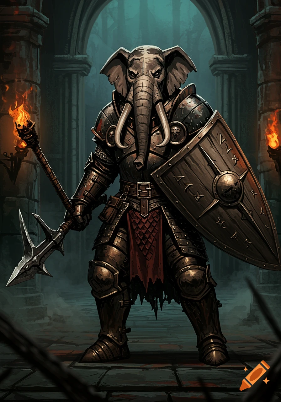 A heavily armored Loxodon Paladin, with an elephant head, tusks, a glaive, and an ornate shield, stands in a dark dungeon.