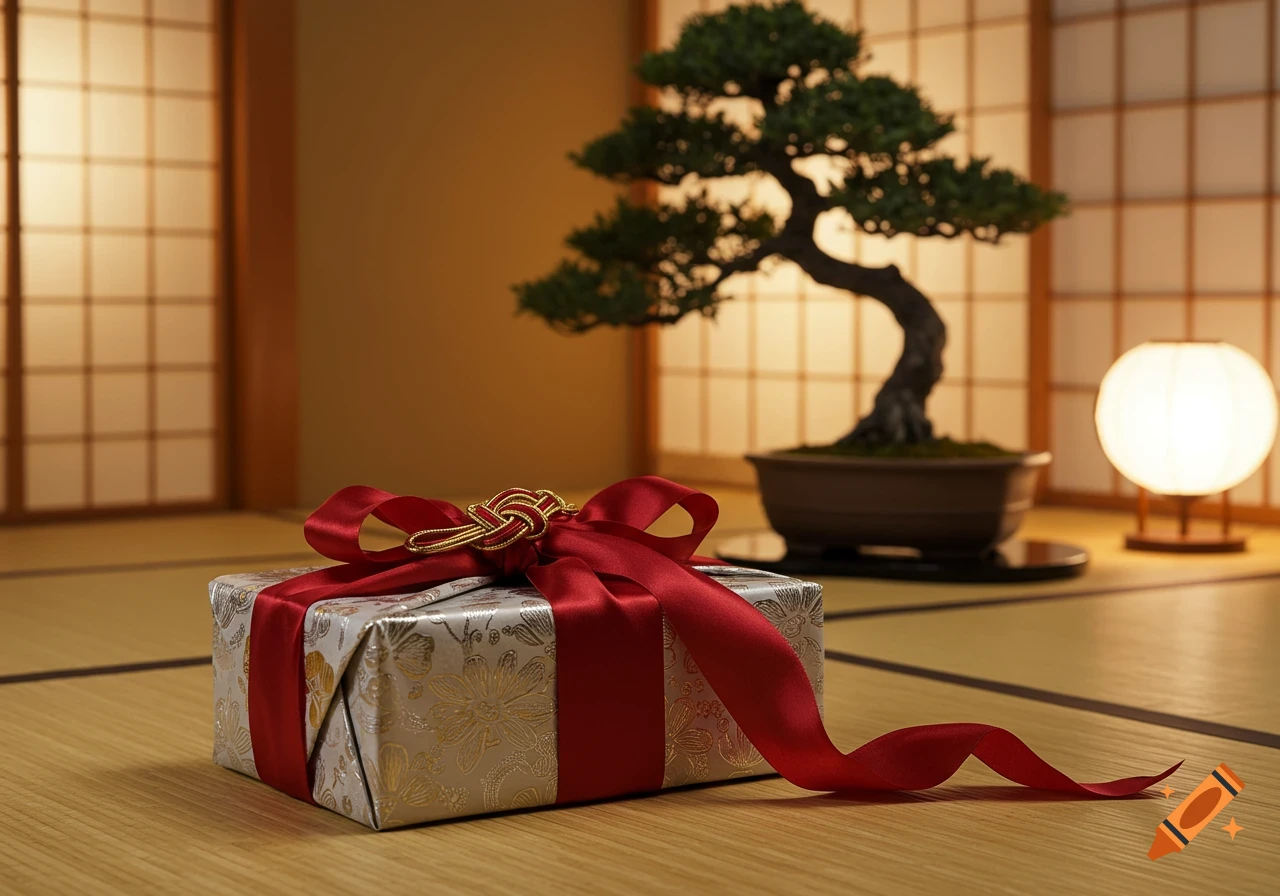 A silver gift box with a red ribbon on a tatami mat in a Japanese room with a bonsai tree and lantern.