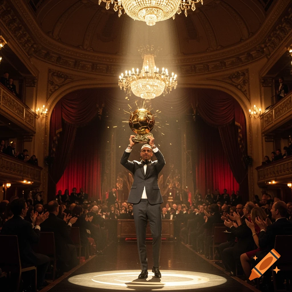 Man in a tuxedo holds a glowing golden football trophy above his head on a spotlighted stage in a grand hall with an audience.