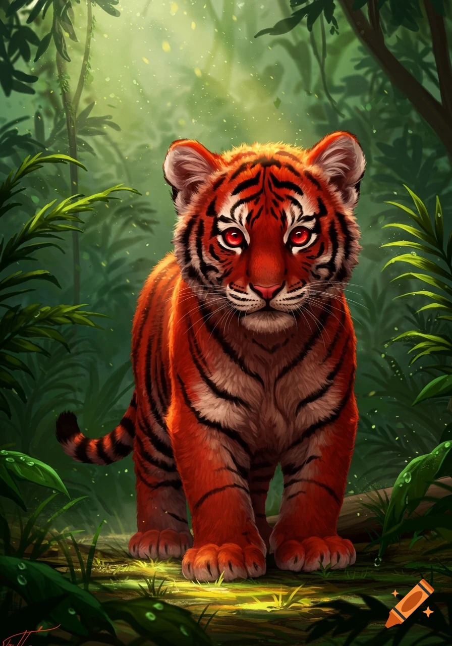 A stylized red tiger cub with red eyes and black stripes stands in a sunlit jungle, digital art.