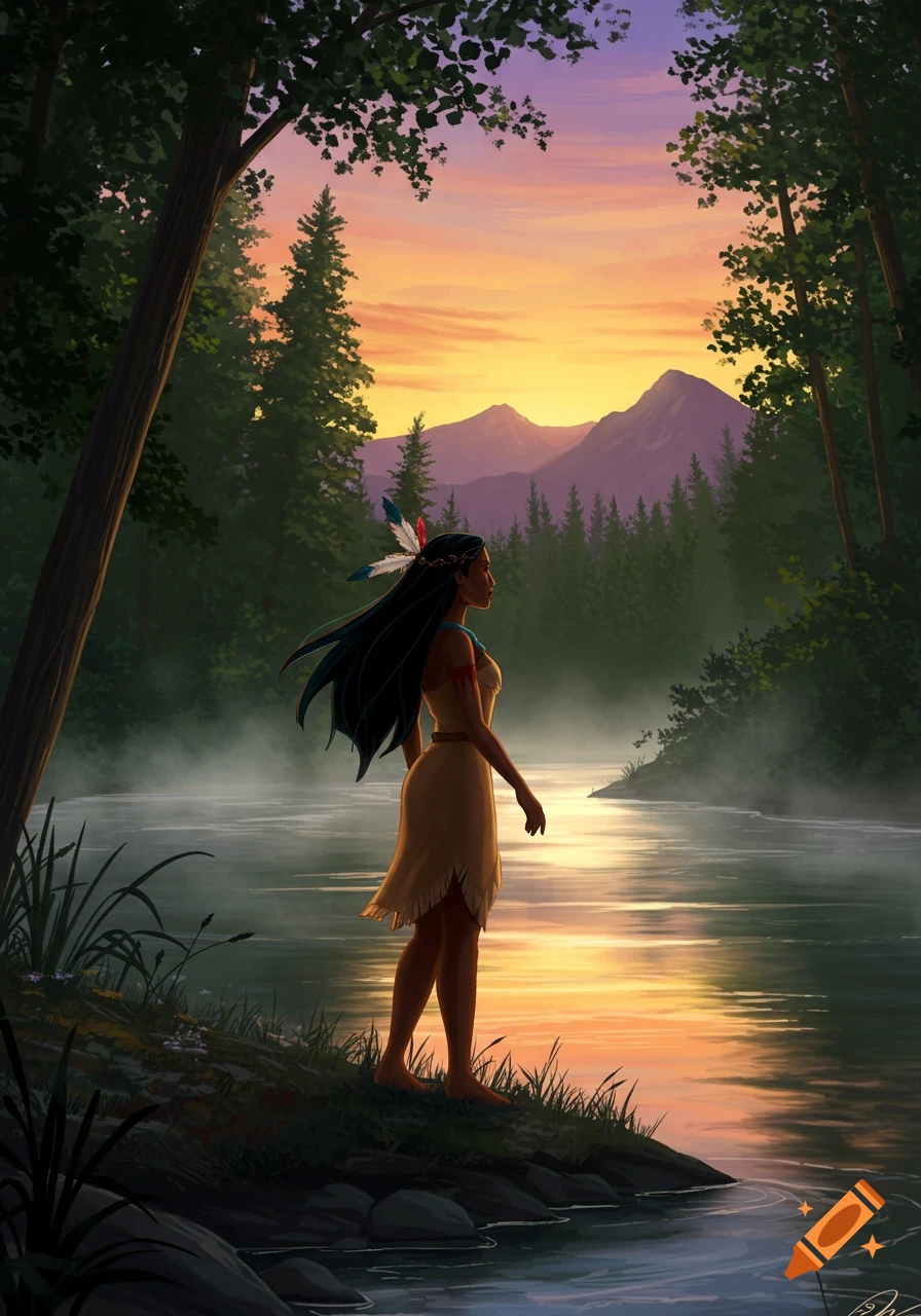 Animated illustration of Pocahontas standing by a misty river in a forest at sunset.