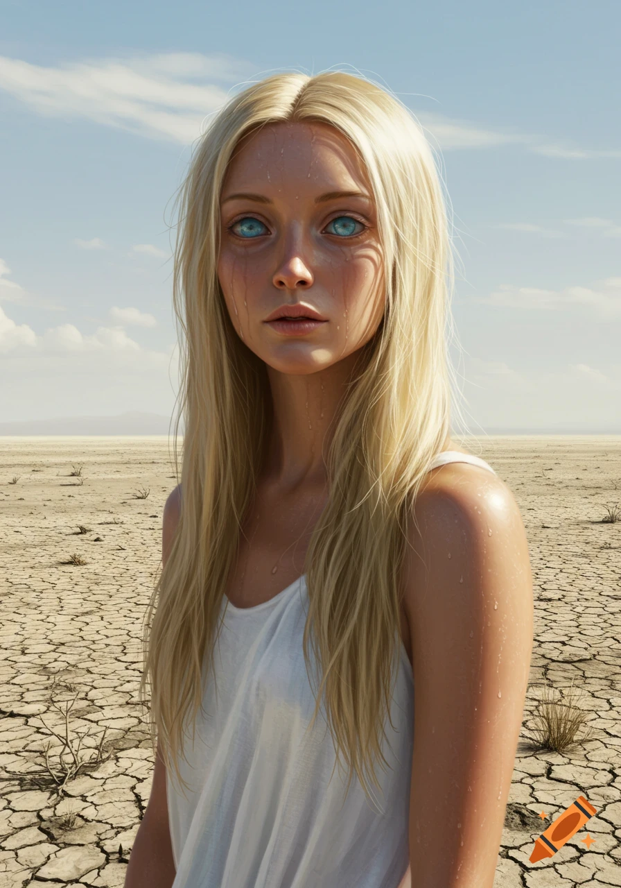 Photorealistic portrait of a distressed blonde woman with intense blue eyes and wet skin, standing in a vast, cracked desert.