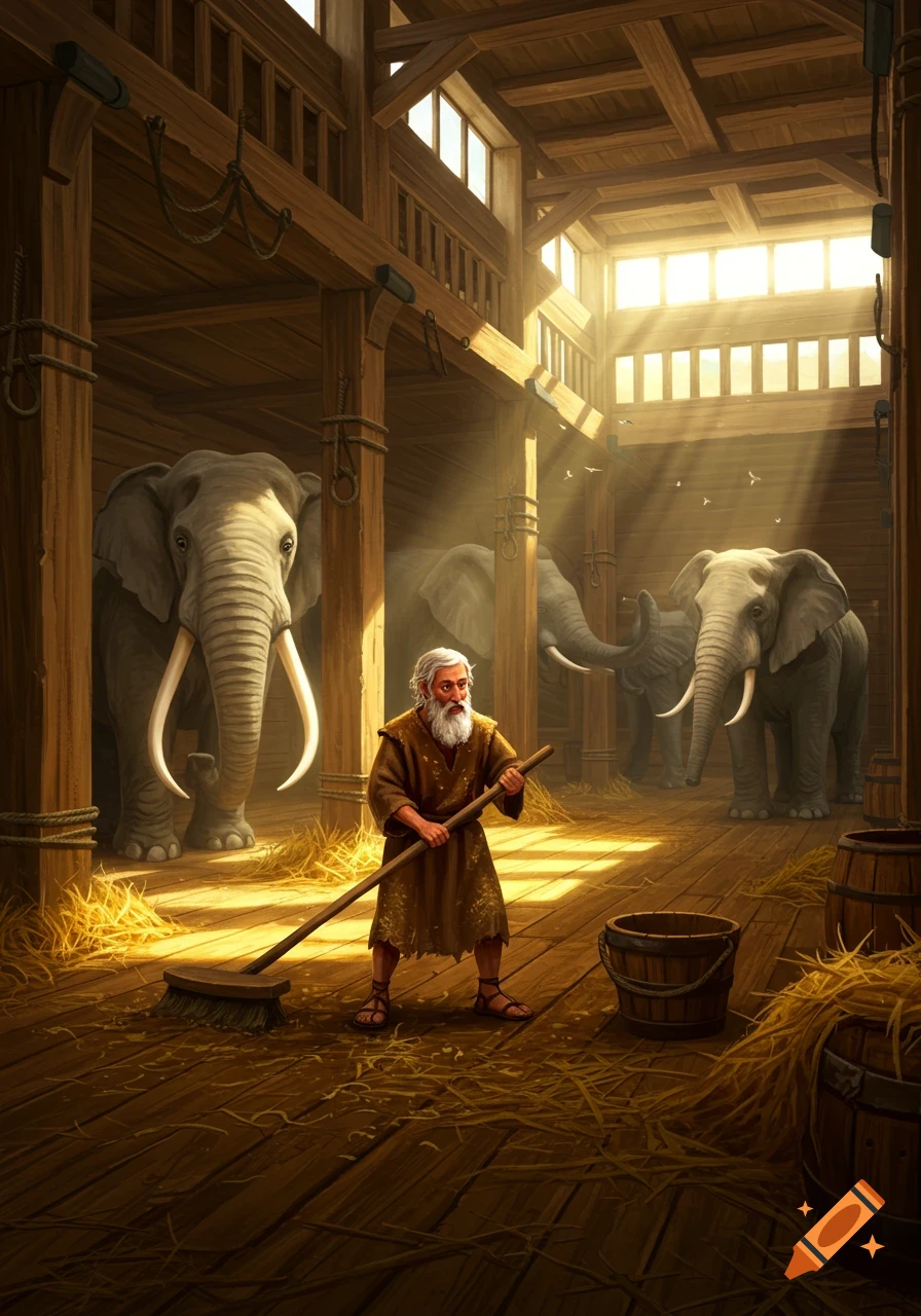 Noah, an old man, sweeps straw in a grand wooden ark, surrounded by elephants. Sunbeams highlight the scene. Illustrative art.