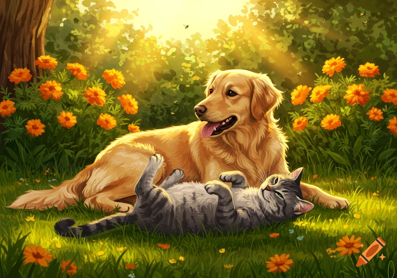 A golden retriever and a tabby cat relax in a sunny, grassy field filled with orange flowers in a vibrant illustration.