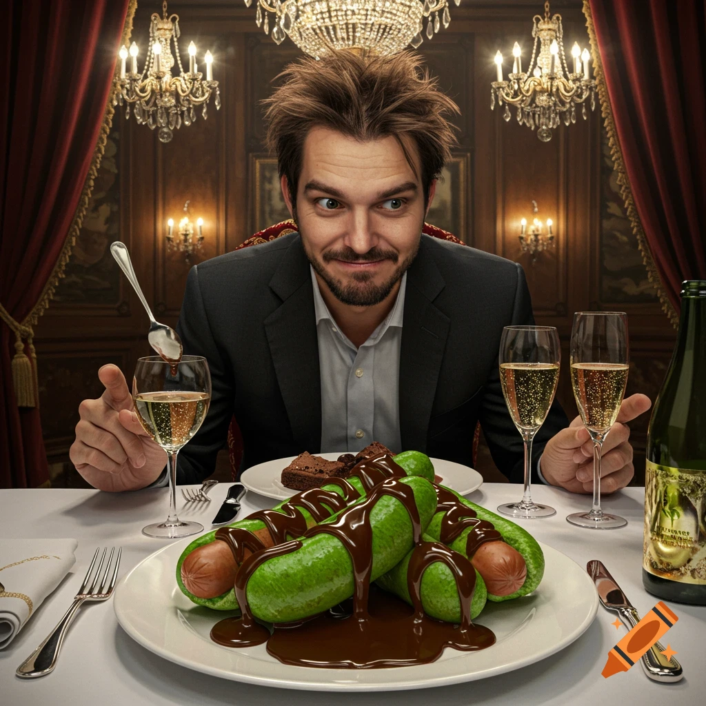 A man with messy hair at a fancy table, looking at green hotdogs covered in chocolate sauce, with a levitating spoon.