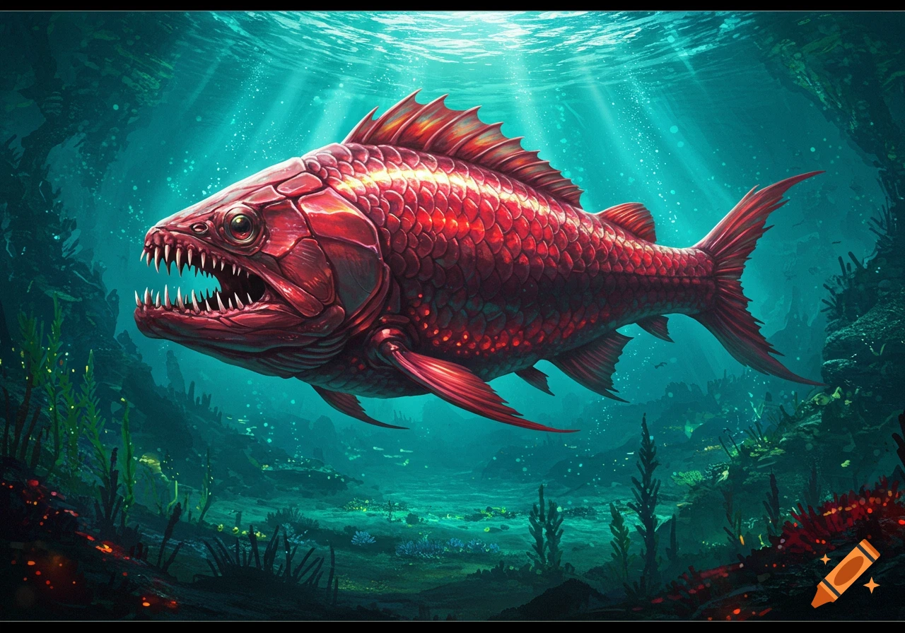 A menacing giant red fish with sharp teeth swims in a deep blue underwater environment with coral and plants.