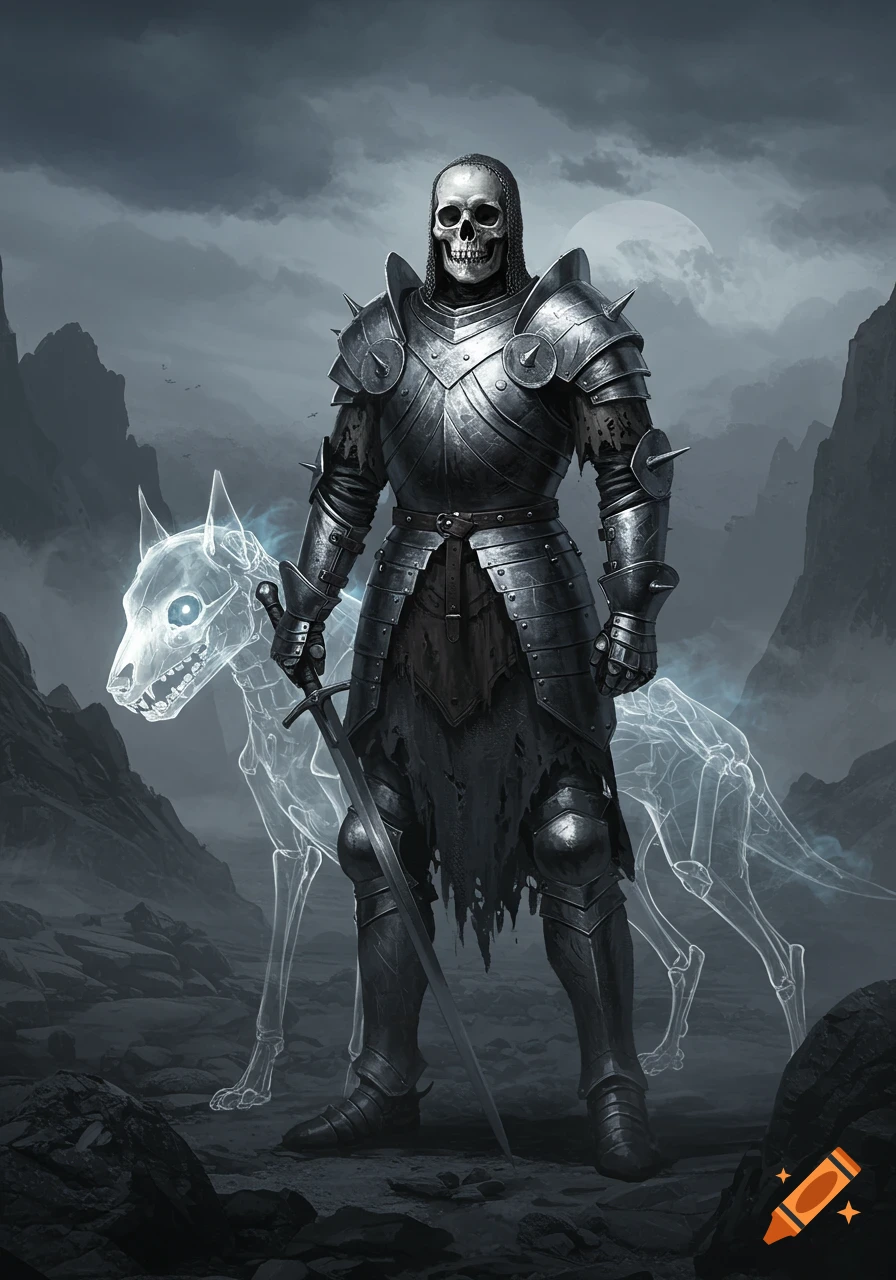 Dark fantasy art of a skeletal knight in spiked armor, holding a sword, with a glowing ghostly canine in a desolate, moonlit landscape.