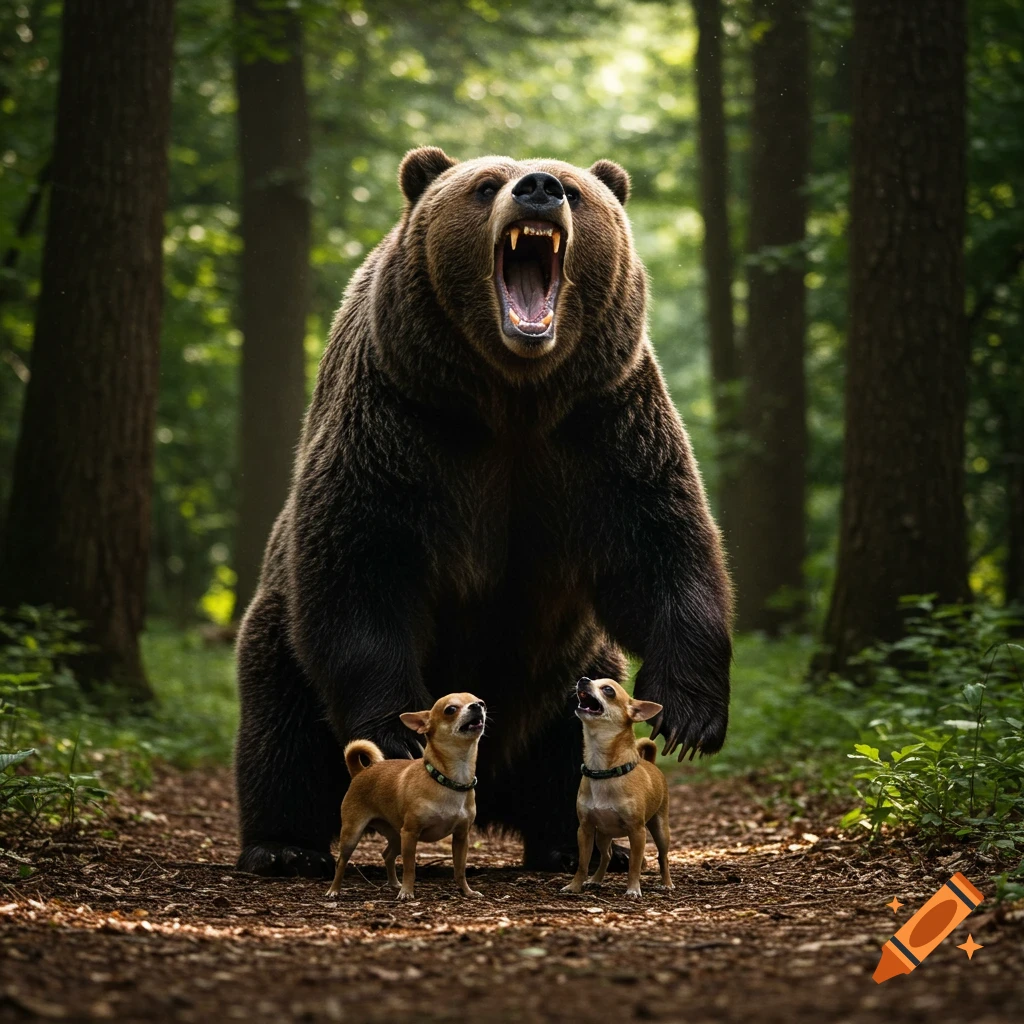 A massive grizzly bear roars at two tiny, yapping Chihuahuas on a forest path in a dramatic, photorealistic shot.