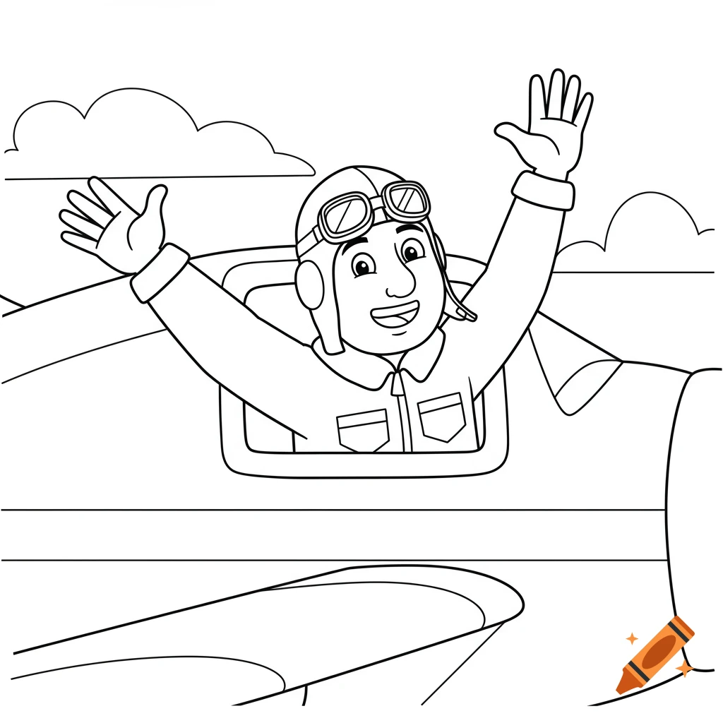 Happy pilot in aviator goggles waving from a plane cockpit, black-and-white cartoon coloring page.