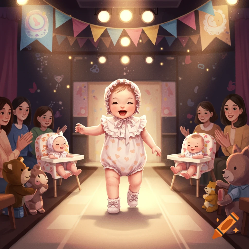 A cute baby in a bonnet walks down a spotlighted runway at a fashion show, watched by clapping adults and toy bears.