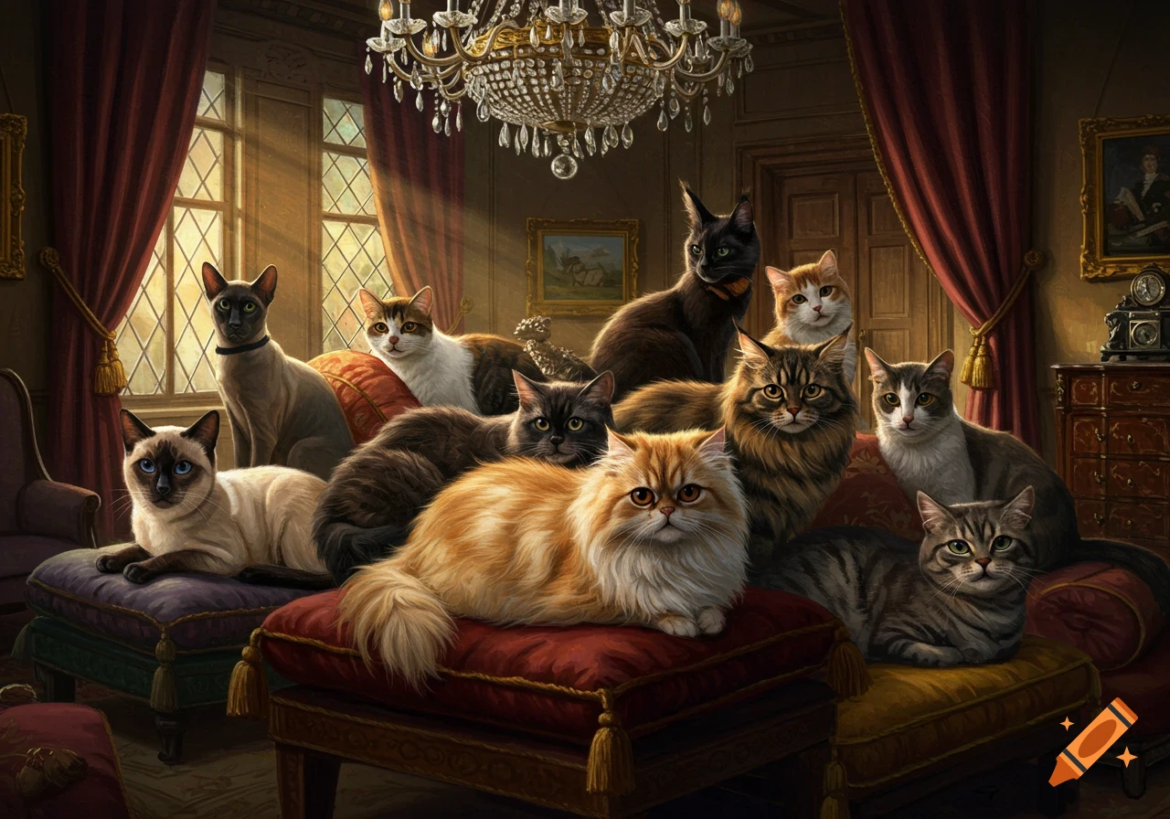 A diverse group of cats sits on plush furniture in a luxurious room with a chandelier and large windows, in a realistic art style.