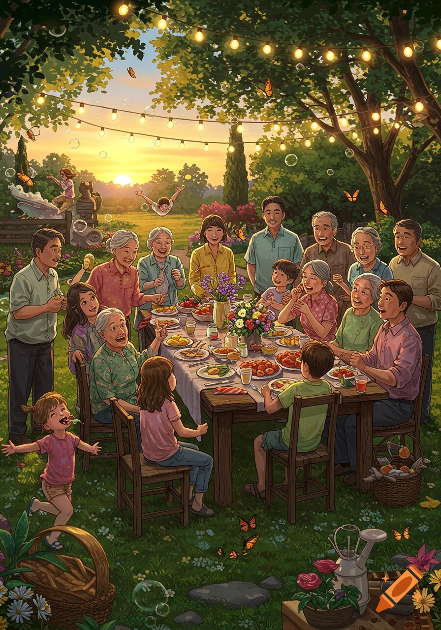 Illustrative scene of a large family enjoying an outdoor dinner party in a vibrant garden at sunset with string lights, butterflies.