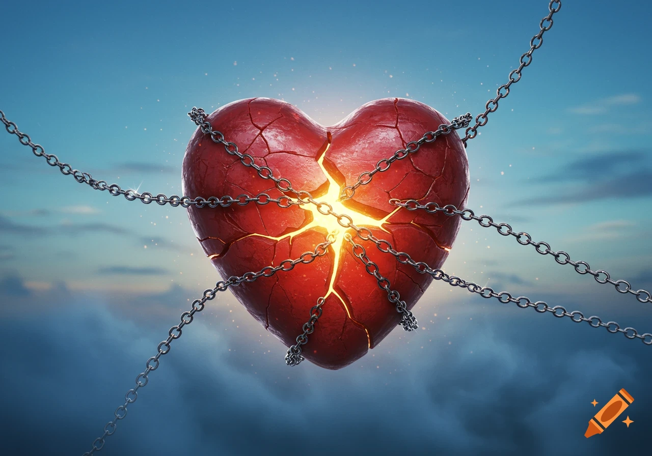 A cracked red heart bound by silver chains glows brightly from within, set against a dramatic sky.
