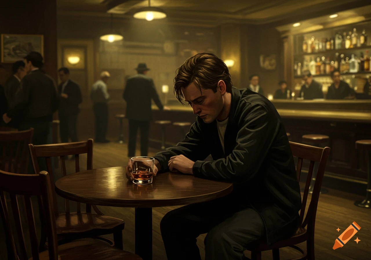 A man sits alone at a table in a dimly lit bar, head down, holding a drink, with shadowy figures in the background.