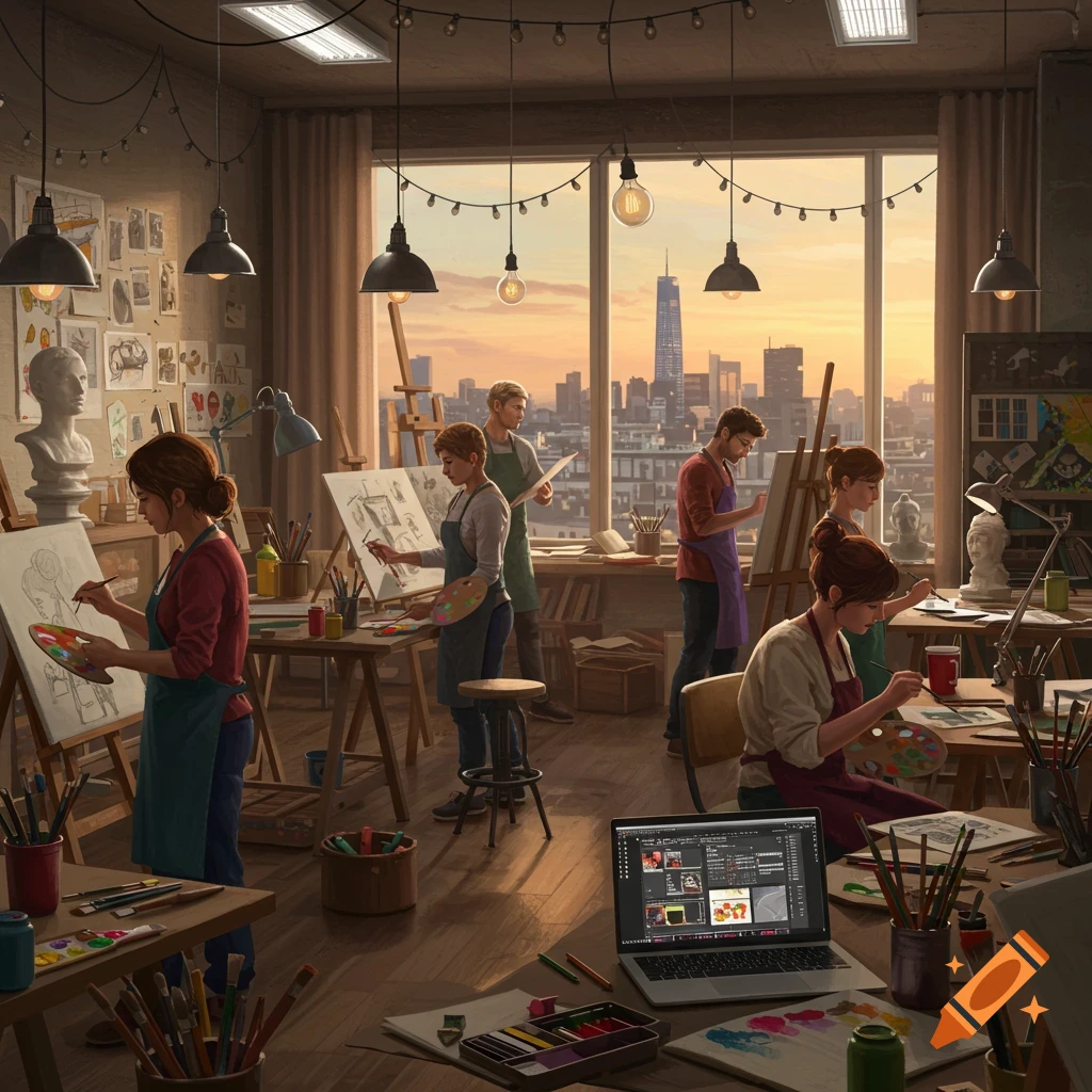 A vibrant art studio with several artists painting, an urban skyline visible through large windows at sunset.